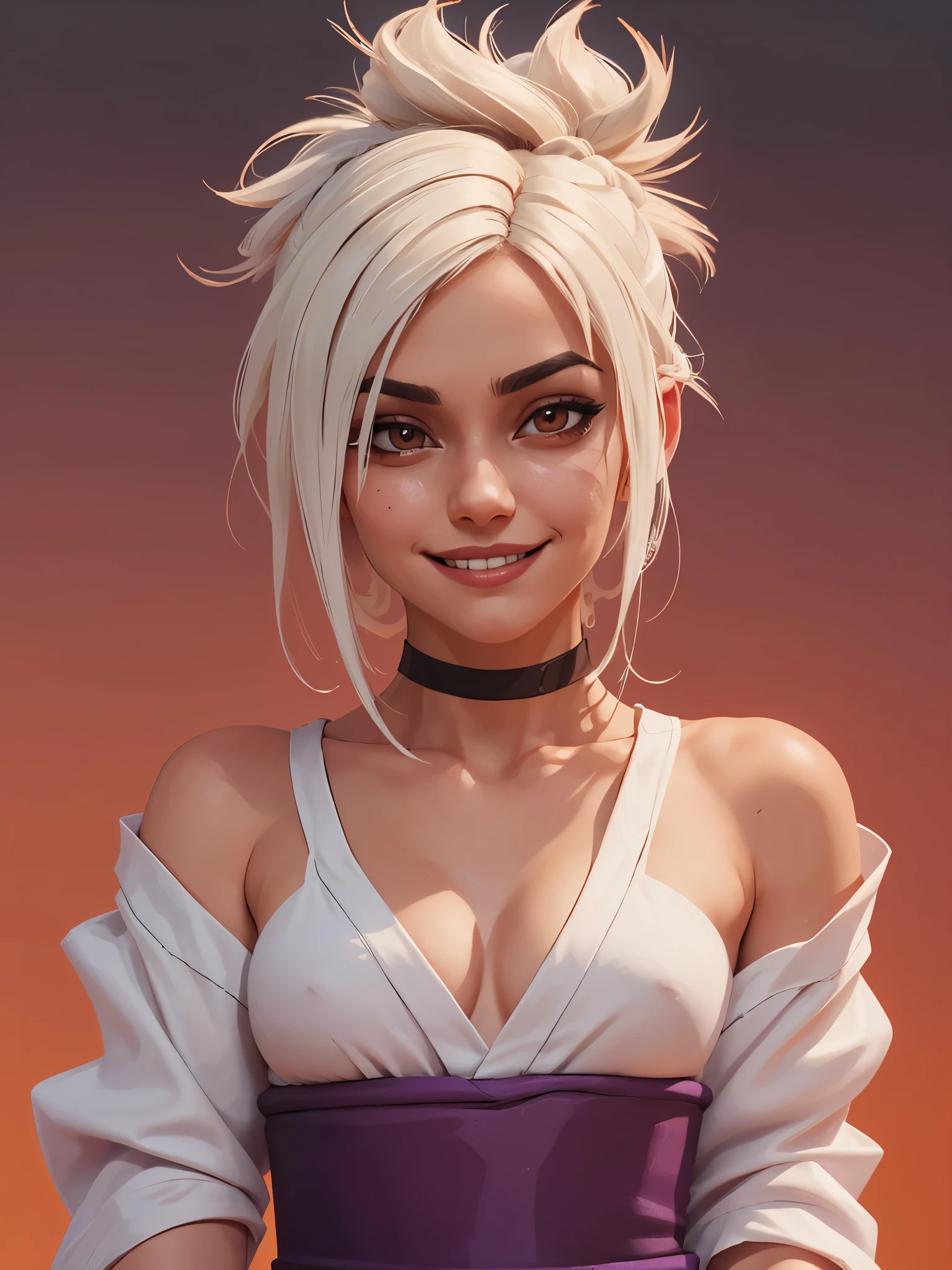 one white girl, riven, riven of league of legends, solo, abs, slender body, (upper body, bust:1.2), brown eyes, white hair, choker, (white skin:1.1), (yukata, japanese clothes, tiny breasts, small breasts, male chest, cleavage:1.5), bare shoulders, belts, shoulder-belts, masterpiece, highly detailed, look at viewer, expressing joy, shiny blured orange background, gradient sprayed background, smile, happy face, naughty grin, front view, gradient red purple background, blured background, glowing edges of image