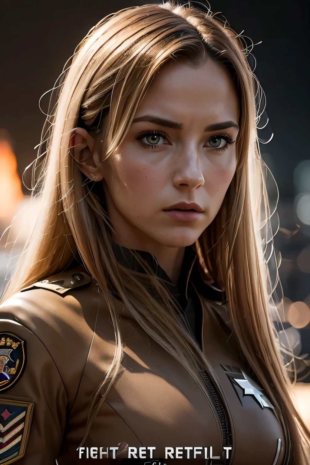 realistic,polite attire,(Fighter Action War Movie Poster),(Foundation Film Reference: 1.8),realistic,Air Force general uniform,(realistic Face Resolution),movie pose,adult,skinny,small,1 woman with long hair and dark blonde,serious face,SF,SF,Various supporting characters