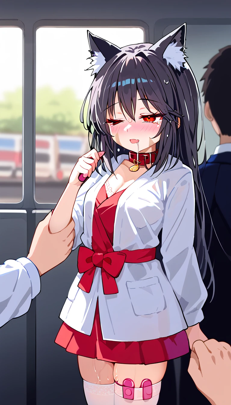 1girl,red hakama,miko,fluff,,black hair,flat breasts,animal ears,cat ears,Vibrator remote control in hand,panties pull,Fraction_9, Fraction_8_direction number_7_direction number_6_up, Subway car interior background, In the crowded crowd, The focus is on 1 girl, (Red eyes:1.3), collar, Cowboy shooting, Overall details, Miko, (masterpiece, Ridiculous), src_Japanese cartoons, big breasts, dark gray hair, long hair, bags under eyes, scar, burn scar, side shot, blurred, Can&#39;t give up, lovable, Reddened cheeks, Demented smile, eyes closed, Opening his mouth with tears in his eyes, left by saliva, White lace miniskirt wedding dress, Holding flowers, wet skirt hem, sticky panties, vibrator cord bulge, vibrator in thigh strap, White lace stockings, wedding hood, pov, best quality, super detail, textured skin, masterpiece, UHD, 8k