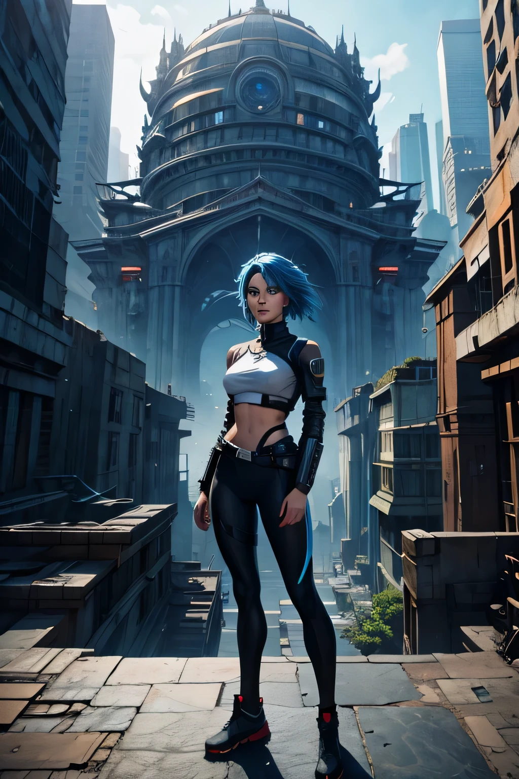 ((best quality)), ((masterpiece)), (detailed), perfect face, full body shot, dynamis angle, a digital painting of a blue-haired woman, 25 year old woman, athletic build, startling blue eyes, beautiful face, standing on a high ledge, watching a dystopian city below, being slowly reclaimed by nature, cyberpunk art