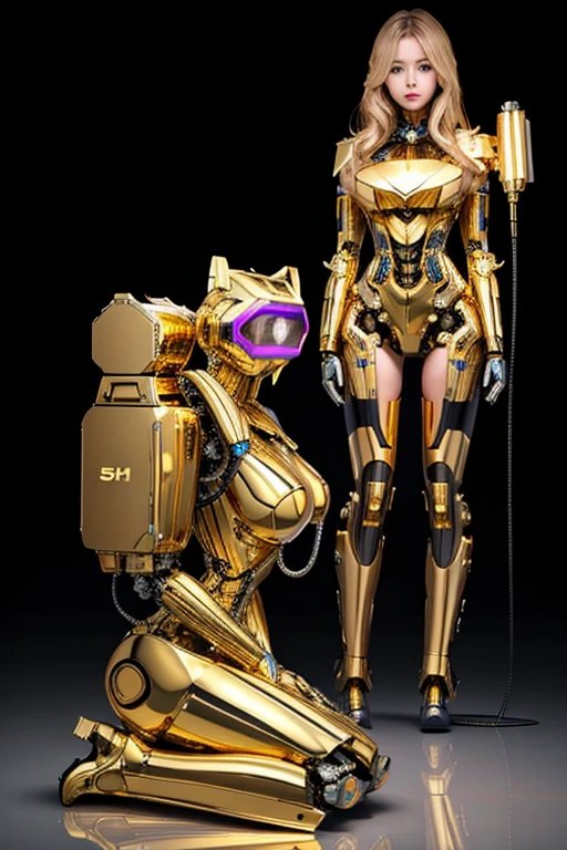 5 8K UHD,
 The mechanical beauty of the gold metallic body is on its knees.,
 A silver metal robot with shiny skin,
 The face is a beautiful and cute human female face,
 full body shot