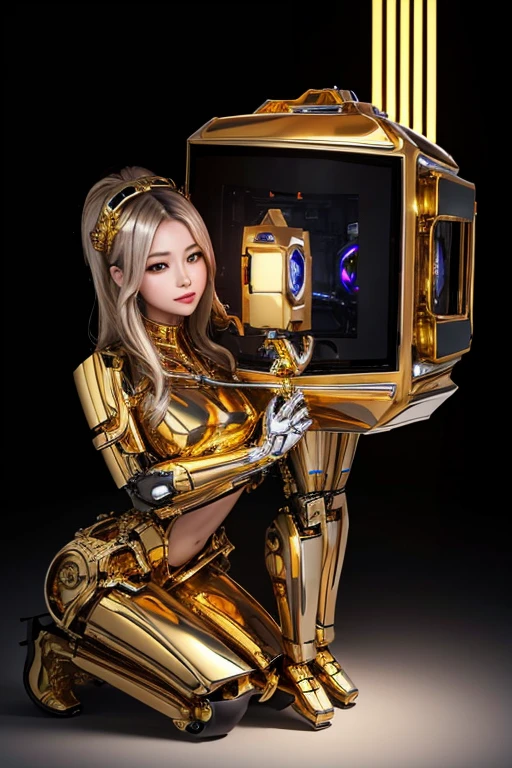 5 8K UHD,
 The mechanical beauty of the gold metallic body is on its knees.,
 A silver metal robot with shiny skin,
 The face is a beautiful and cute human female face,
 full body shot