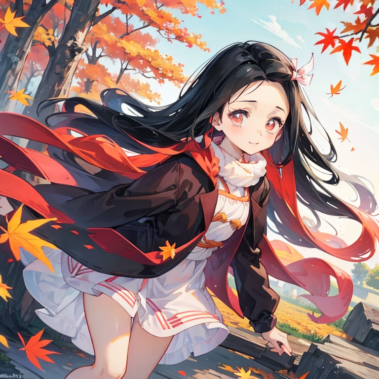 Sweet cute Nezuko enjoying autumn leafs falling.