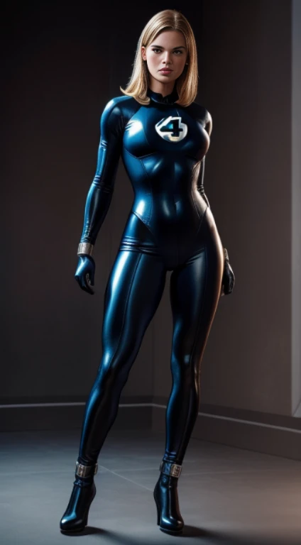 Caucasian woman, wears classic Fantastic Four bodysuit, black gloves, black boots, tied in X bondage platform, full body render, head to toe render, fine detail, hyper realistic, HD, 4K, definition, texture, perfect detail, perfect face, beautiful, hyperrealism, trending on artstation