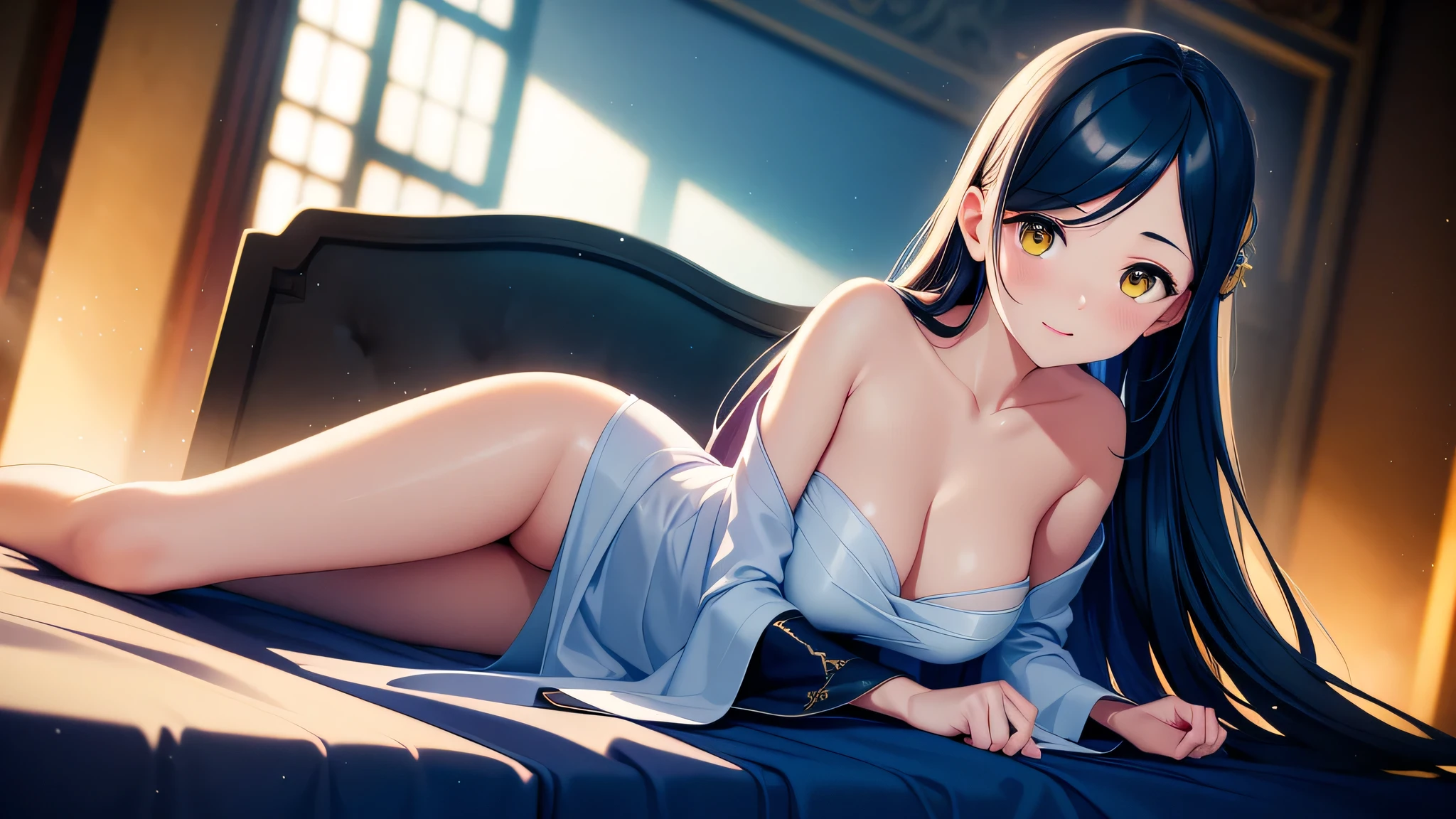 an alone mature girl with long blue and yellow eyes sitting on the bed and spread leg , night, High detail mature face, tie hair on the left side, golden eyes, bare leg, bare shoulder, white noble priest dress, high res, ultra sharp, 8k, masterpiece, smiling, fantasy world, magical radiance background ((Best quality)), ((masterpiece)), 3D, HDR (High Dynamic Range),Ray Tracing, NVIDIA RTX, Super-Resolution, Unreal 5,Subsurface scattering, PBR Texturing, Post-processing, Anisotropic Filtering, Depth-of-field, Maximum clarity and sharpness, Multi-layered textures, Albedo and Specular maps, Surface shading, Accurate simulation of light-material interaction, Perfect proportions, Octane Render, Two-tone lighting, Wide aperture, Low ISO, White balance, Rule of thirds,8K RAW, Aura, masterpiece, best quality, Mysterious expression, magical effects like sparkles or energy, flowing robes or enchanting attire, mechanic creatures or mystical background, rim lighting, side lighting, cinematic light, ultra high res, 8k uhd, film grain, best shadow, delicate, RAW, light particles, detailed skin texture, detailed cloth texture, beautiful face,
(masterpiece), best quality, expressive eyes, perfect face,