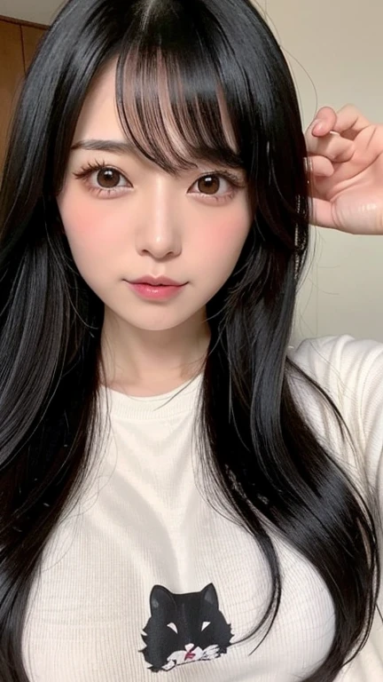 長いblack hairと前髪を持つアラフェッド女性がカメラに微笑む, black hairの石田スイ, 彼女は前髪のあるblack hairを持っています, Yoshitomo Nara, shikamimi, kimi takemura, cute natural anime face, black hair, Japanese facial features, 真っ直ぐなblack hairで, deayami kojima