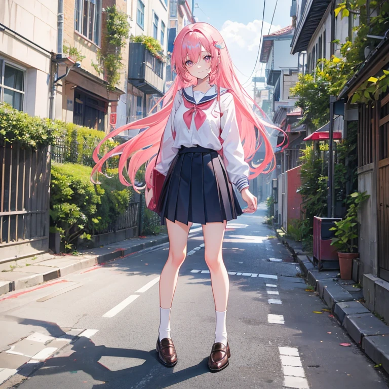 Coral pink hair,long hair,hair over one eye,gray eyes,feather hair ornament,cute,girl,Smiling expression,School Uniforms,Small leather shoes on their feet,White socks above the knee,whole body,stand on the ground,Does not expose fingers,Street with plants in the background,blue sky