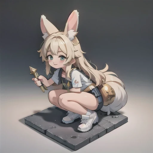 (masterpiece, best quality:1.2), 1girl, ((masterpiece, highest quality, Highest image quality, High resolution, photorealistic, Raw photo, 8K)), Retro Game, Nintendo, SEGA, Namco, Cyberpunk 1:25 miniatures,illustration,Side viewing angle,((Side viewing angle)),Wear gold wire-rimmed reflective sunglasses,Carry future weapons,very happy,Side viewing angle,whole body,three-dimensional,octane rendering,Perfect face,Collagen texture((flowing hair))((Gradient long fur rabbit ears))