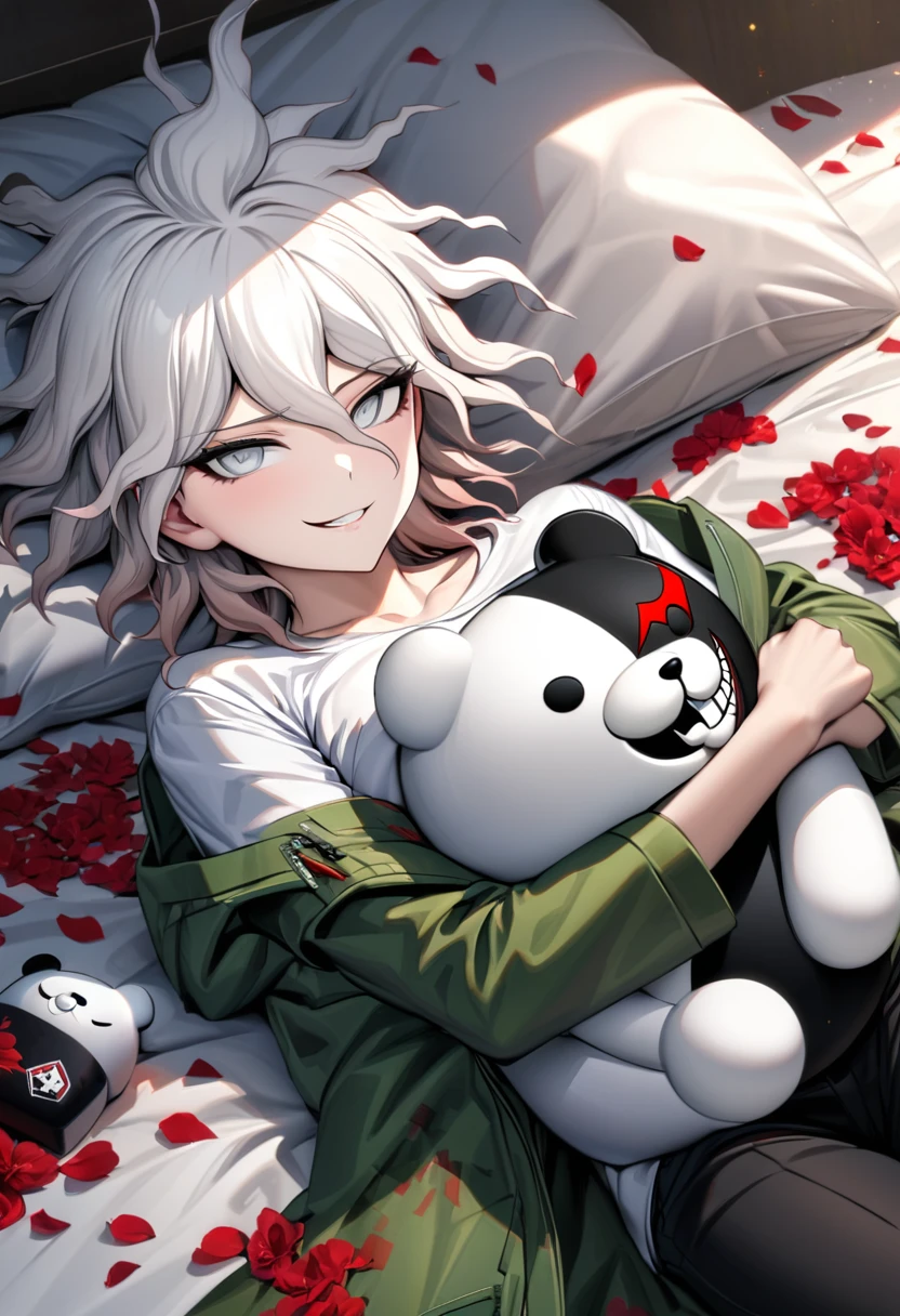 Ultra detailed, Highres, absurdres, HDR, Komaeda Nagito, white hair, silver eyes, Danganronpa, white tight shirt, black pants, smirking, lying in a bed, red sheets, petals, hugging a plushie of Monokuma, sexy adult man, solo, handsome