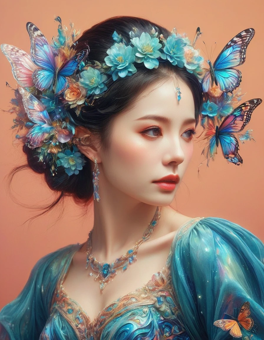 Create a surreal portrait of a woman with butterfly wings, Her presentation should be dreamlike and ethereal, with the vibrant, outlandish colors and improbable, distortion-filled artistry characteristic of Surrealism, a movement prevalent in the early 20th century, Think of the intricacy and strangeness often associated with visual illusions, Let her gown flow in an eerily graceful manner, This portrait should be captured as if viewed through a macro lens, accentuating each fine line and elaborate detail, Though it is a fantasy-inspired piece, the realism in the details should not be compromised., Eyes on the audience, first-person view, pov, cowboy shot, UHD, masterpiece, ccurate, anatomically correct, textured skin, super detail, award winning, best quality, 8k