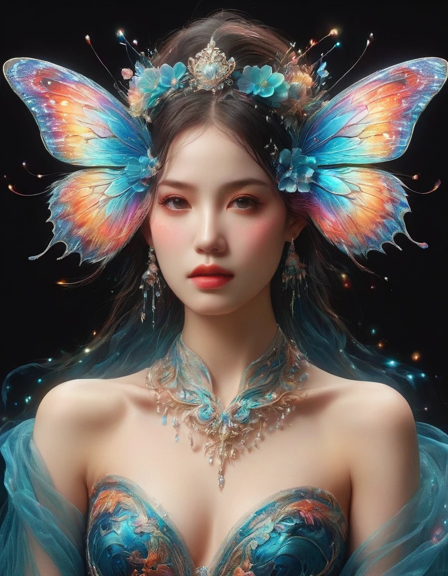 Create a surreal portrait of a woman with butterfly wings, Her presentation should be dreamlike and ethereal, with the vibrant, outlandish colors and improbable, distortion-filled artistry characteristic of Surrealism, a movement prevalent in the early 20th century, Think of the intricacy and strangeness often associated with visual illusions, Let her gown flow in an eerily graceful manner, This portrait should be captured as if viewed through a macro lens, accentuating each fine line and elaborate detail, Though it is a fantasy-inspired piece, the realism in the details should not be compromised., Eyes on the audience, first-person view, pov, cowboy shot, UHD, masterpiece, ccurate, anatomically correct, textured skin, super detail, award winning, best quality, 8k