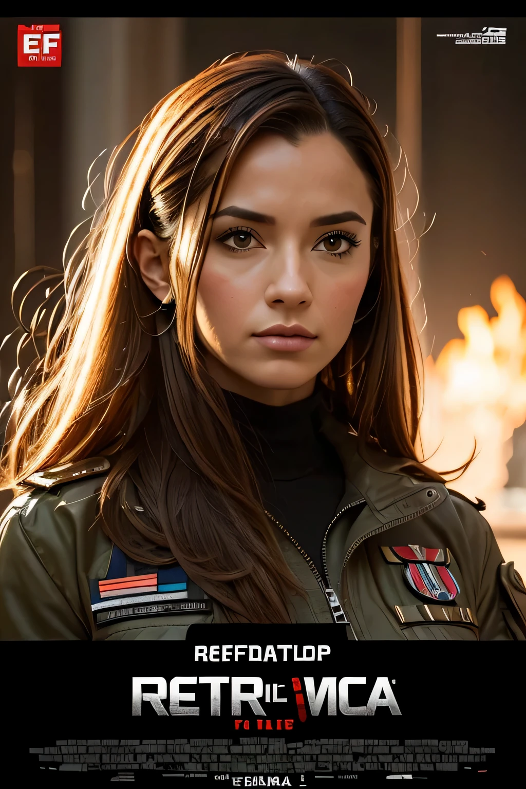 realistic,polite attire,(Fighter Action War Movie Poster),(Foundation Film Reference: 1.8),realistic,Air Force general uniform,(realistic Face Resolution),movie pose,adult,skinny,small,1 woman with long hair and dark blonde,serious face,SF,SF,Various supporting characters