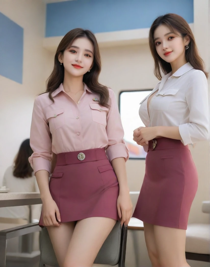 ((top-quality、9k、masterpiece:1.8))、Beautiful woman with perfect body:1.7、slim abdomen:1.8、Longhair, 38 inc breast size, Highly detailed facial and skin texture, A detailed eye, delicate eyes, double eyelid, (cute smile), (full body shot), ((full buss)), ((sitting on chair), ((wearing Korean army uniform)), looking in front
