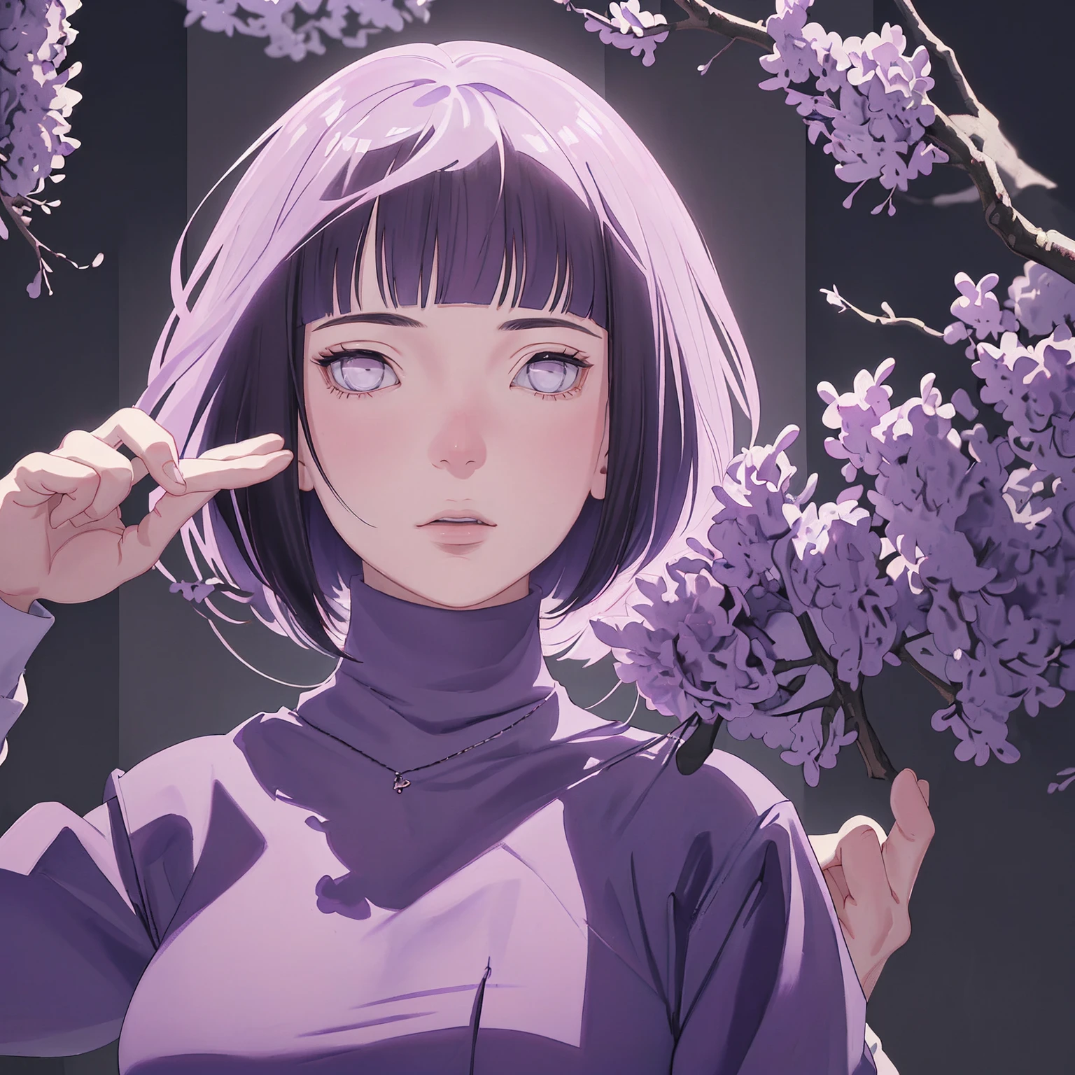 { - anatomy error} (Masterpiece - Ultra-detailed, very high resolution) (huge titusty, masterpiece, absurdres, hinata\(boruto\), 1girl, solo,mature female, lilac turtleneck blouse, black pant, perfect composition, detailed lips, big breast, beautiful face, body propotion, blush, (pink lips), short hair, (black hair), purple eyes, soft gaze, super realistic, detailed, photoshoot, realistic face and body, closed mouth , lilac eyes, upper body, hidden hands, perfect fingers, inocent face, portrait, , backwards, looking back, dynamic poses