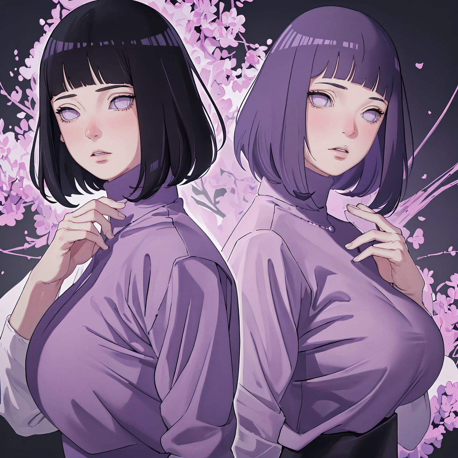 { - anatomy error} (Masterpiece - Ultra-detailed, very high resolution) (huge titusty, masterpiece, absurdres, hinata\(boruto\), 1girl, solo,mature female, lilac turtleneck blouse, black pant, perfect composition, detailed lips, big breast, beautiful face, body propotion, blush, (pink lips), short hair, (black hair), purple eyes, soft gaze, super realistic, detailed, photoshoot, realistic face and body, closed mouth , lilac eyes, upper body, hidden hands, perfect fingers, inocent face, portrait, , backwards, looking back, dynamic poses