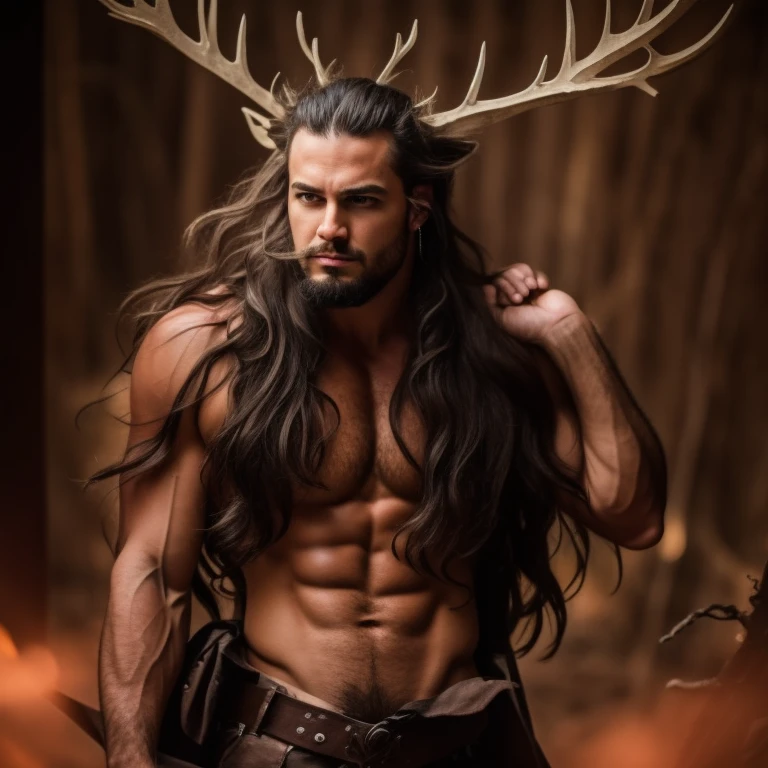 (masterpiece, best quality, 4k, dreamlike, hyperrealistic:1.35), (male Cernunnos)