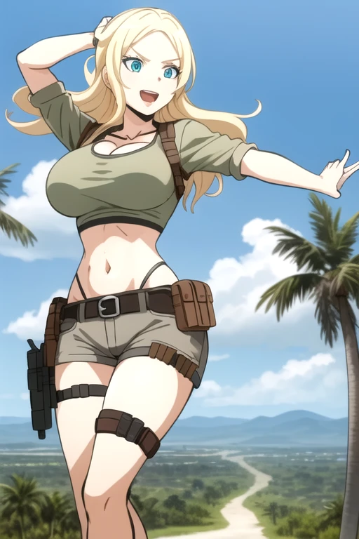 ultra high res, masterpiece, 1girl, IrinaJelaviÄR4, blonde hair, blue eyes, :d, expressive eyes, perfect face, large breast, big breast, small waist, perfect figure, highly detailed, showing cleavage, dressed as lara croft, full body portrait, she's in the desert, brown shorts, belt gun holster, teal spandex top, brown hiking boots, palm trees in the background, brown shorts, dark brown shorts, short shorts, teal top, mid section exposed, cloud, cloudy_sky, condensation_trail, day, long_hair, navel, open_mouth, holding and aiming two pistols, outdoors, sky, smile, solo