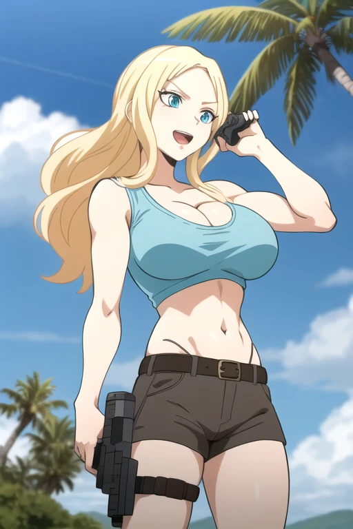 ultra high res, masterpiece, 1girl, IrinaJelaviÄR4, blonde hair, blue eyes, :d,  expressive eyes, perfect face, large breast, big breast, small waist, perfect figure, highly detailed, showing cleavage, dressed as lara croft, full body portrait, she's in the desert, brown shorts, belt gun holster, teal spandex top, brown hiking boots, palm trees in the background, brown shorts, dark brown shorts, short shorts, teal top, mid section exposed, cloud, cloudy_sky, condensation_trail, day, long_hair, navel, open_mouth, holding and aiming two pistols, outdoors, sky, smile, solo