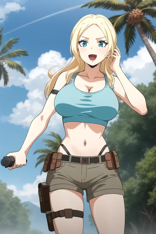 ultra high res, masterpiece, 1girl, IrinaJelaviÄR4, blonde hair, blue eyes, :d,  expressive eyes, perfect face, large breast, big breast, small waist, perfect figure, highly detailed, showing cleavage, dressed as lara croft, full body portrait, she's in the desert, brown shorts, belt gun holster, teal spandex top, brown hiking boots, palm trees in the background, brown shorts, dark brown shorts, short shorts, teal top, mid section exposed, cloud, cloudy_sky, condensation_trail, day, long_hair, navel, open_mouth, holding and aiming two pistols, outdoors, sky, smile, solo