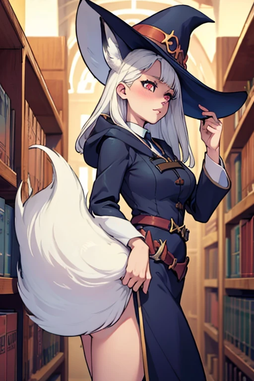 A white haired female witch with copper eyes and white fox ears and a white fox tail in a conservative witch's uniform is blushing in a library