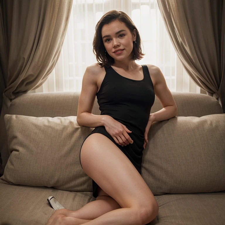 Daisy Ridley in a short tight dress smiling provocatively