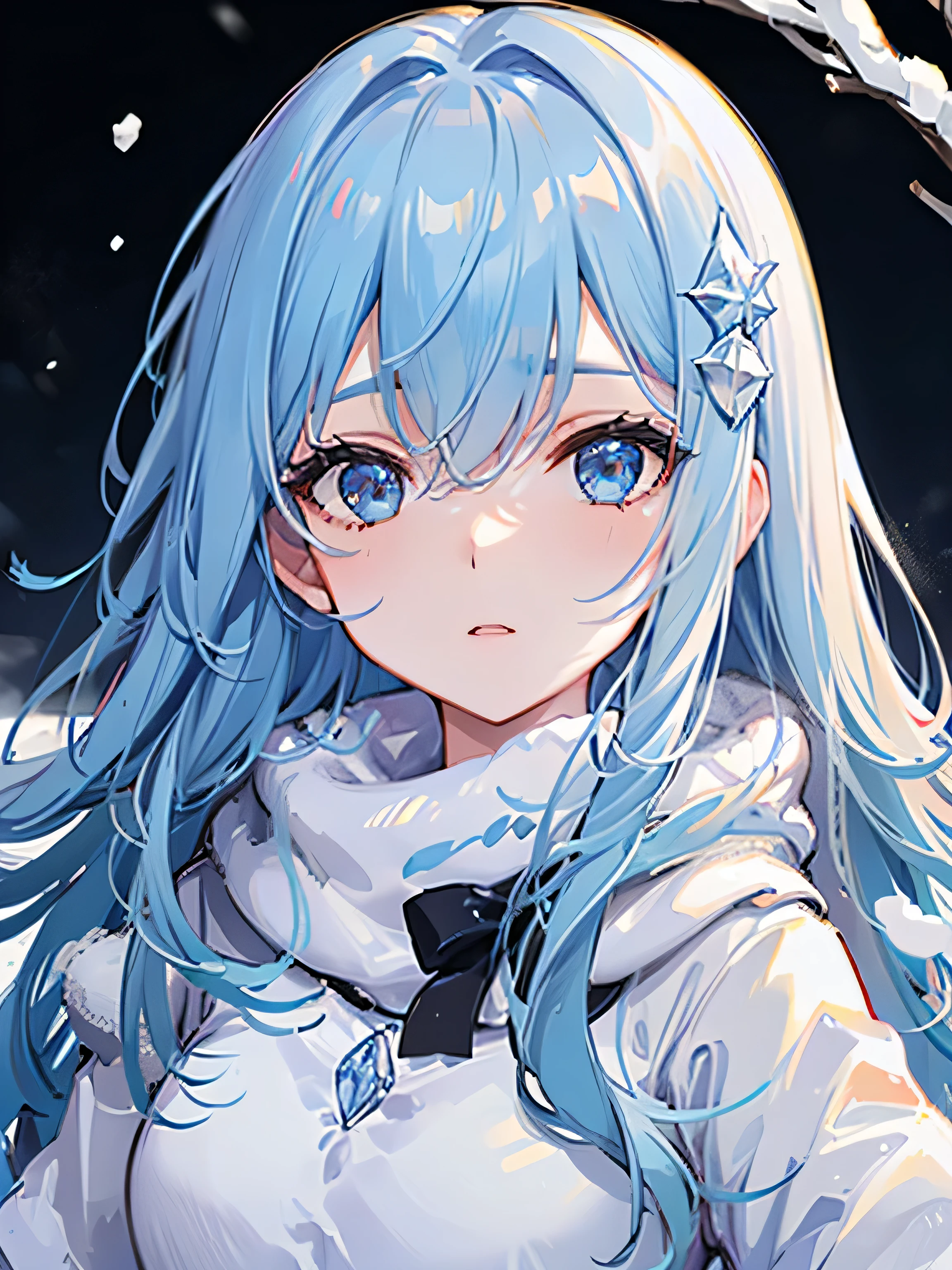 ((Best quality))), Ultra detailed, 4k, 1 girl, winter, ((ice)), cold, ((pale light blue hair)), beautiful detailed hair, pale light blue background, ((no expression)), beautiful detailed eyes, ice effect, (((crystal of snow))), ((blue explosion,))upper body, beautiful detailed face, ((((snow)))), (wind,),(viewing from front), (((beautiful detailed crystal of snow))), ((steam)), opening mouth, ((snow effect)), thunder effect