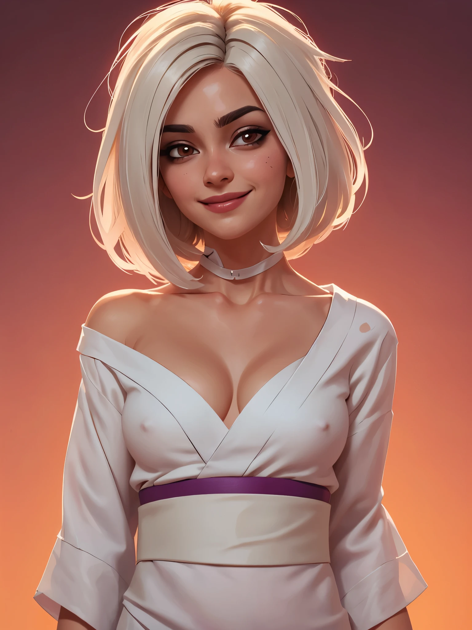 one white girl, riven, riven of league of legends, solo, abs, slender body, (upper body, bust:1.2), brown eyes, white hair, choker, (white skin:1.1), (yukata, japanese clothes, tiny breasts, small breasts, male chest, cleavage:1.5), bare shoulders, belts, shoulder-belts, masterpiece, highly detailed, look at viewer, expressing joy, shiny blured orange background, gradient sprayed background, smile, happy face, naughty grin, front view, gradient red purple background, blured background, glowing edges of image