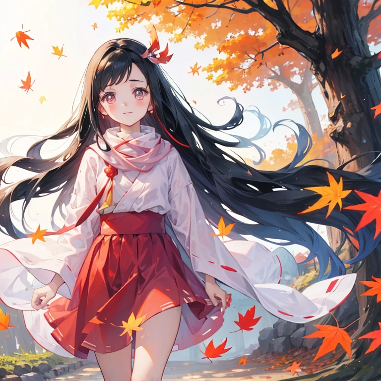 Sweet cute Nezuko enjoying autumn leafs falling.
