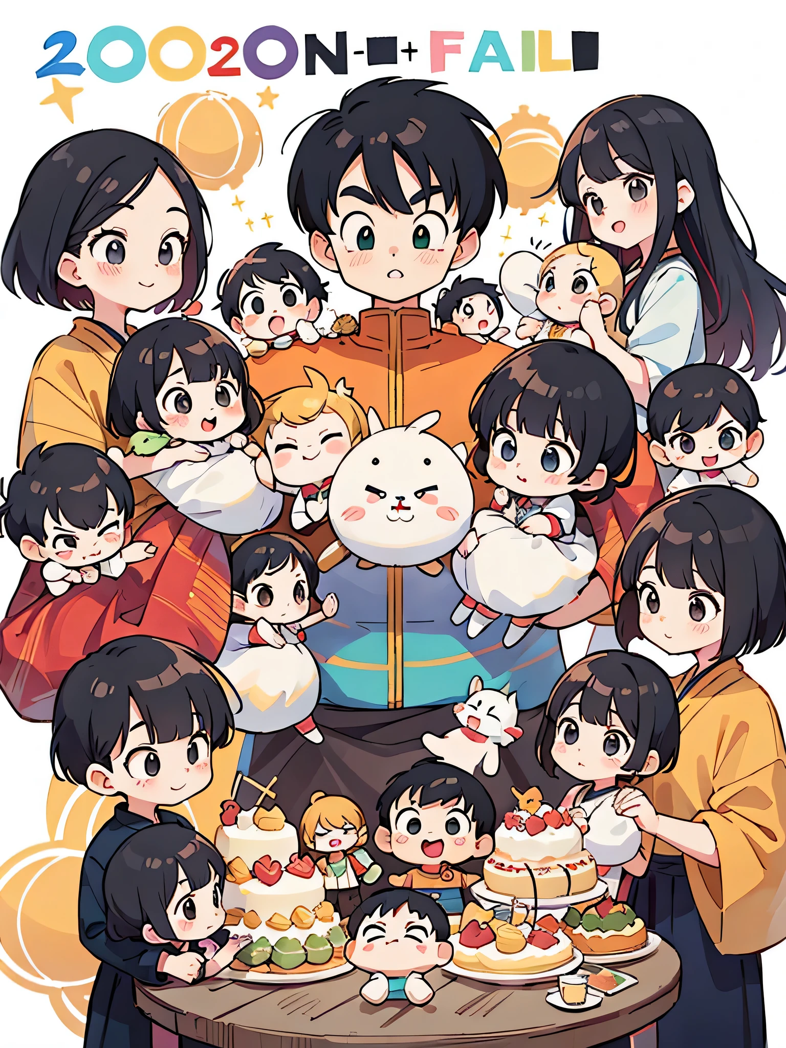 dragon ball style, Kawaii Design, (((20 people)))、most beautiful girl ever、Chibi, Colorful bob hair、((Lots of friends))、((Family get-together))、(((big family)))
