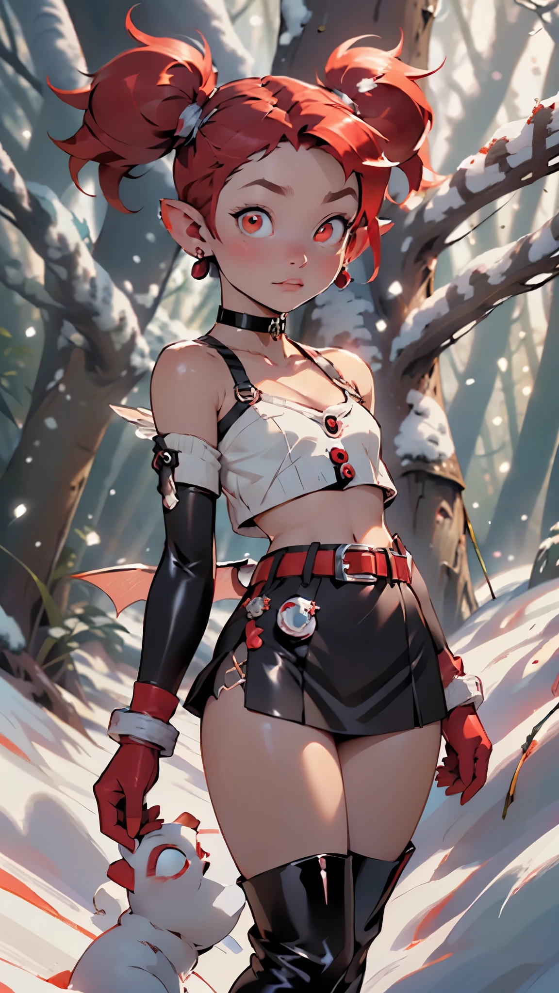 (((Etna (disgaea)))),11 years old,((Demon girl,demon wings, red wings,mini wings,demon tail,tail,fang)), 1 demon girl, girl,1girl,((extremely cute and beautiful demon yellow haired girl)),((pointy ears)),
(flat chest:1.4),((((red hair,twintails)))),(((red_eyes:1.3))),intricate eyes,beautiful detailed eyes,symmetrical eyes,big_eyes:1.5,((((lustrous skin:1.5,tanned skin,bright skin:1.5,skin tanned,shiny skin,very shiny skin,shiny body)))),(detailed face)),((heart pupils:1.4, heart,hearts,heart marks)),
(((1 toddler:1.4))),(baby face),(round face),(little chest),(big forhead:1.2), extremely detailed cute anime face, solo,🦄,🌈,kawaii,(((lustrous skin:1.5,tanned skin,bright skin: 1.5,skin tanned,shiny skin,very shiny skin,shiny body))),((nsfw)),((little ,chibi))),((small tiny body)),,
((choker,o-ring,o-ring choker,black choker)),((earrings,skull earrings)),((elbow gloves,gloves,black gloves)),(jewelry),(miniskirt,skirt,black skirt,navel,stomach,thigh boots,bare shoulders:1.3,belt,white belt,black thighhighs,underwear:1.3,black panties:1.1,cleavage:1.3),(((revealing clothes))),
(dynamic pose:1.0),(grin:0.6),provocative,(centered,scale to fit dimensions,Rule of thirds),
((snowy red cherry forest:1.5)),winter,scenery:1.25,((intricate scenery)),((snow forest background)),
(Glossy demon ornaments),highres,sharp focus,(ultra detailed,extremely detailed),(photorealistic artwork:1.37),(extremely detailed CG unity 8k wallpaper),(((vibrant colors,vibrant theme))),(intricate),(masterpiece),(best quality),artistic photography,(photography taken by sldr),(intricate background),perfect rendered face,perfect face details,realistic face,photo realistic,((intricate detail)),(((realism))),