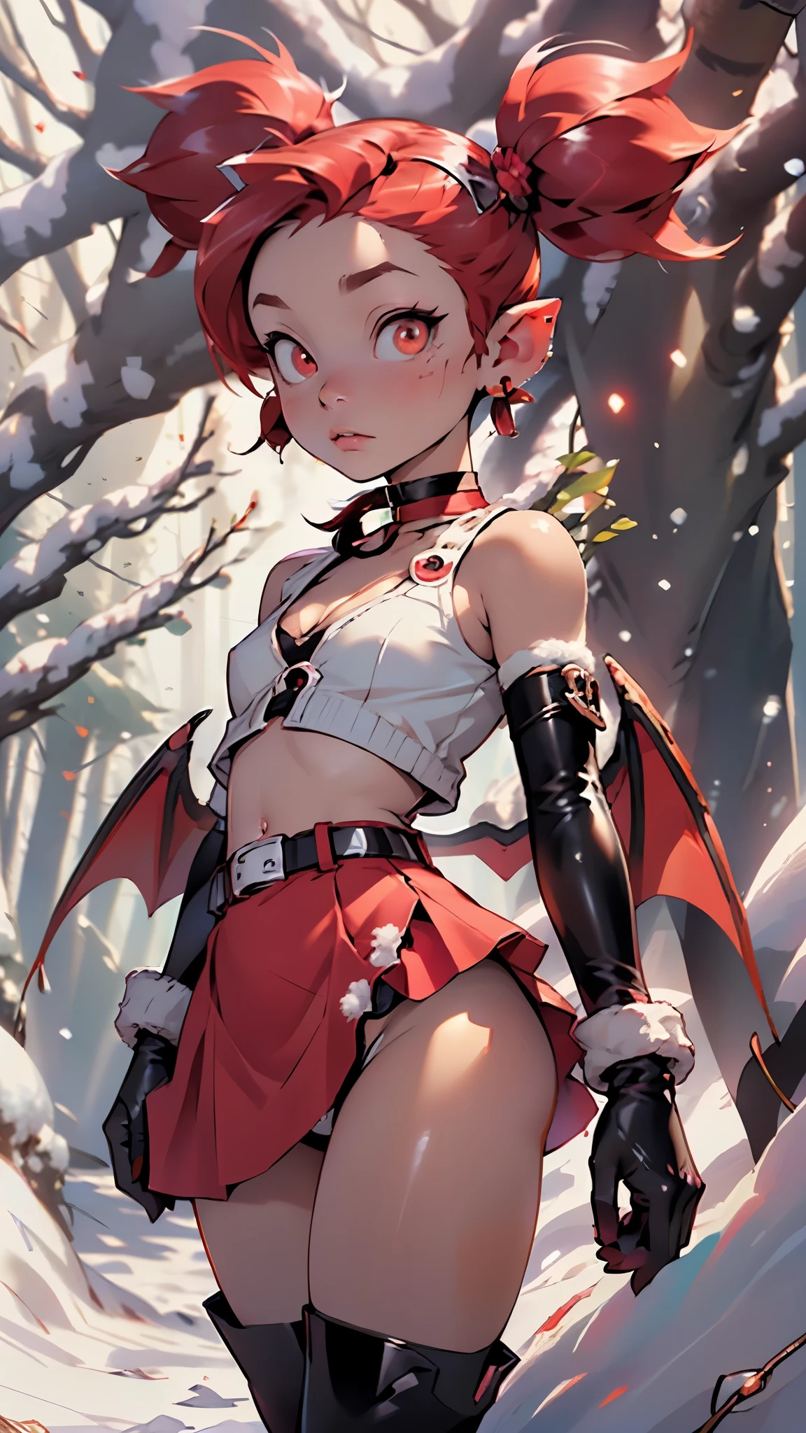 (((Etna (disgaea)))),,((Demon girl,demon wings, red wings,mini wings,demon tail,tail,fang)), 1 demon girl, girl,1girl,((extremely cute and beautiful demon yellow haired girl)),((pointy ears)),
(flat chest:1.4),((((red hair,twintails)))),(((red_eyes:1.3))),intricate eyes,beautiful detailed eyes,symmetrical eyes,big_eyes:1.5,((((lustrous skin:1.5,tanned skin,bright skin:1.5,skin tanned,shiny skin,very shiny skin,shiny body)))),(detailed face)),((heart pupils:1.4, heart,hearts,heart marks)),
(((1 toddler:1.4),(baby face),(ro,(little chest),(big forhead:1.2), extremely detailed cute anime face, solo,🦄,🌈,kawaii,(((lustrous skin:1.5,tanned skin,bright skin: 1.5,skin tanned,shiny skin,very shiny skin,shiny body))),((nsfw)),((little ,chibi))),((small tiny body)),,
((choker,o-ring,o-ring choker,black choker)),((earrings,skull earrings)),((elbow gloves,gloves,black gloves)),(jewelry),(miniskirt,skirt,black skirt,navel,stomach,thigh boots,bare shoulders:1.3,belt,white belt,black thighhighs,underwear:1.3,black panties:1.1,cleavage:1.3),(((revealing clothes))),
(dynamic pose:1.0),(grin:0.6),provocative,(centered,scale to fit dimensions,Rule of thirds),
((snowy red cherry forest:1.5)),winter,scenery:1.25,((intricate scenery)),((snow forest background)),
(Glossy demon ornaments),highres,sharp focus,(ultra detailed,extremely detailed),(photorealistic artwork:1.37),(extremely detailed CG unity 8k wallpaper),(((vibrant colors,vibrant theme))),(intricate),(masterpiece),(best quality),artistic photography,(photography taken by sldr),(intricate background),perfect rendered face,perfect face details,realistic face,photo realistic,((intricate detail)),(((realism))),