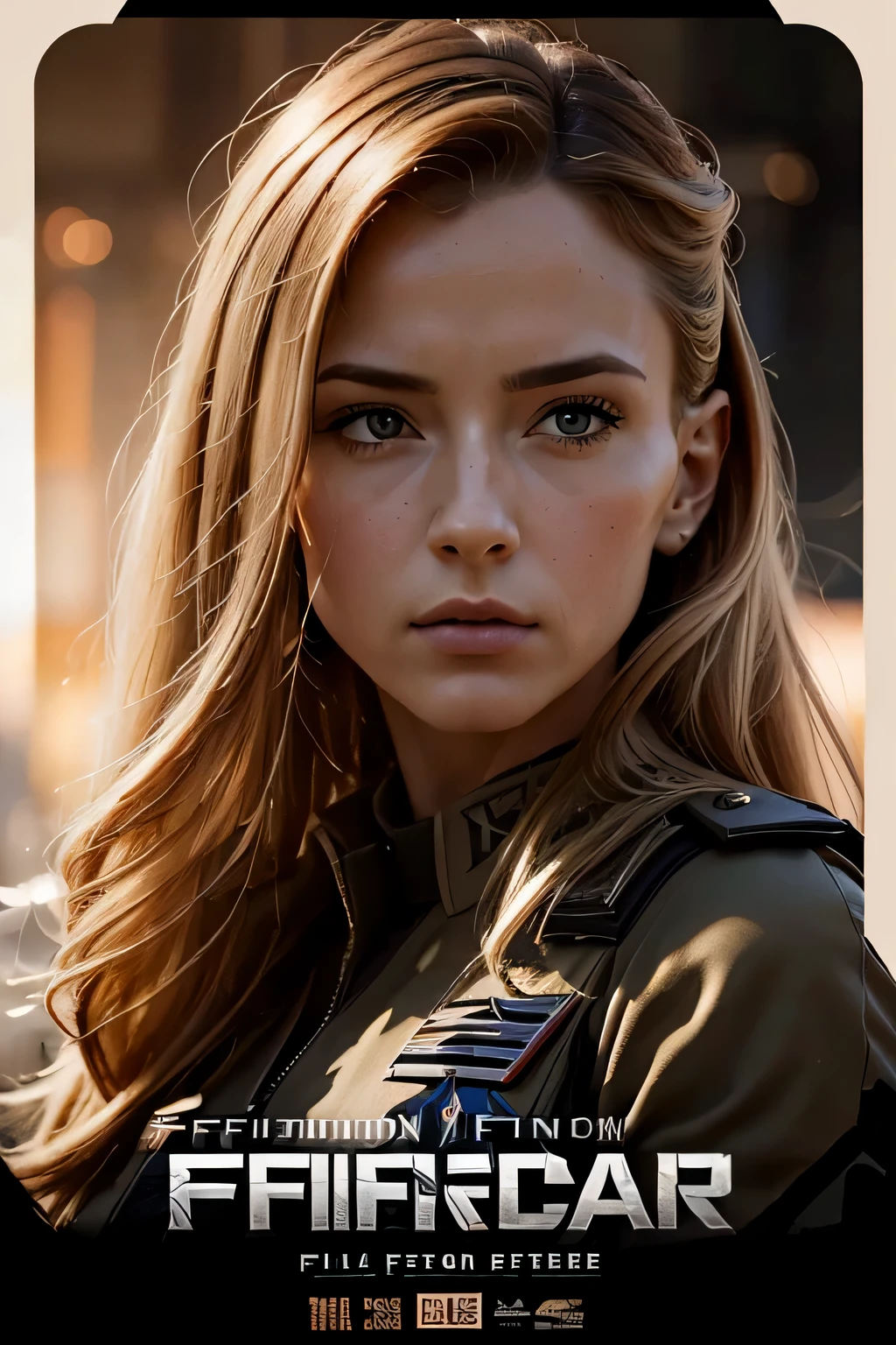 realistic,polite attire,(Fighter Action War Movie Poster),(Foundation Film Reference: 1.8),realistic,Air Force general uniform,(realistic Face Resolution),movie pose,adult,skinny,small,1 woman with long hair and dark blonde,serious face,SF,SF,Various supporting characters