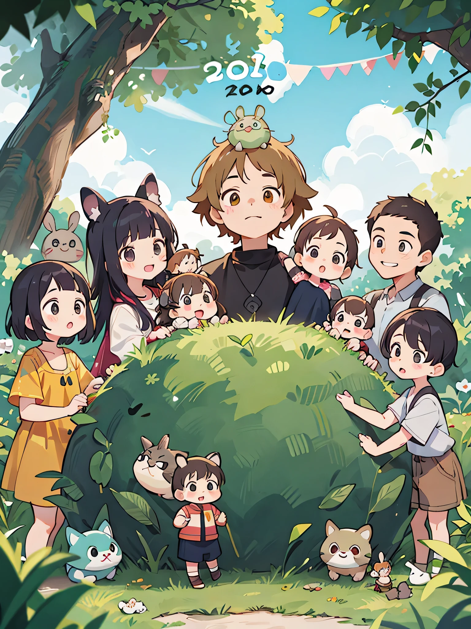 My Neighbor Totoro Style, Kawaii Design, (((20 people)))、most beautiful girl ever、Chibi, Colorful bob hair、((Lots of friends))、((Family get-together))、(((big family)))