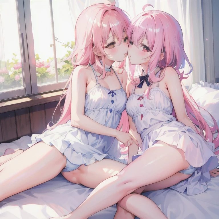 highest quality、masterpiece、in high resolution、very detailed、8K、two girls、cute、anime、clear white skin、functional、whole body、、14、(Hair color is shiny light pink)、cute夏用パジャマ、On a beautiful and cute bed、Kiss me good morning、while sleeping、embarrassing　pussy　masturbation　Pussy　Completely naked　spread your legs　Toro face　masturbationしあう　masturbationしてイク顔　Pussyに物をいれる　small breasts　二人で寝る体勢でmasturbationする　Pussyにパイプのようなものをいれる　Pussyにバイブルローターをつける