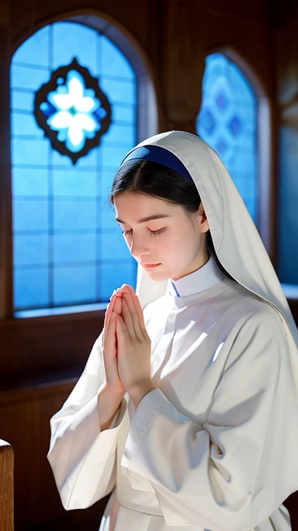 Create an image of a 17-year-old nun praying in a chapel.。She has a straight nose.、With blue eyes、It has a mysterious atmosphere。Her figure symbolizes prayer in a holy place.、It creates a sacred atmosphere。