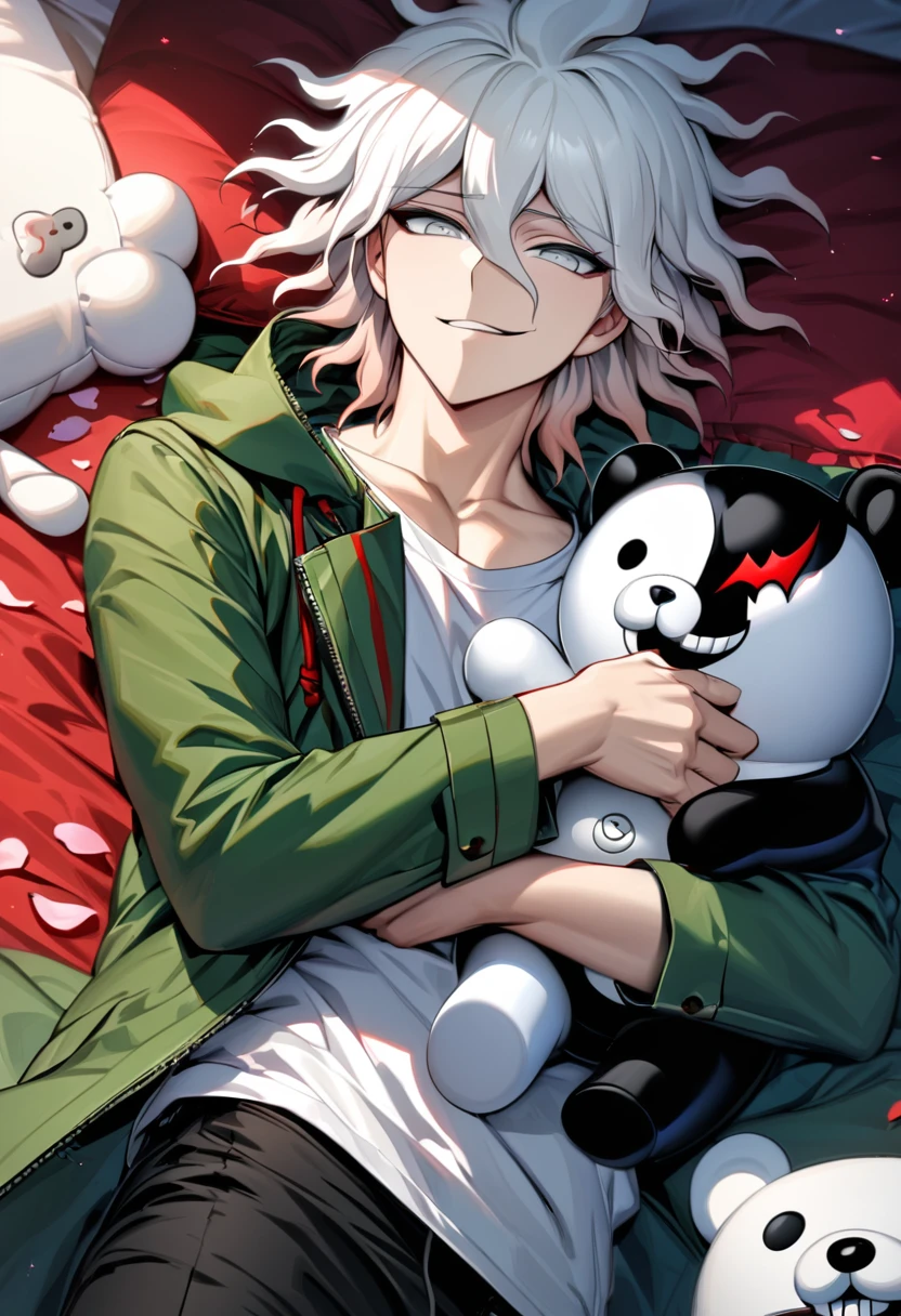 Ultra detailed, Highres, absurdres, HDR, Komaeda Nagito, white hair, silver eyes, Danganronpa, green long coat, white tight t-shirt, black pants, smirking, lying in a bed, red sheets, petals, hugging a plushie of Monokuma, 1 adult man only, handsome,