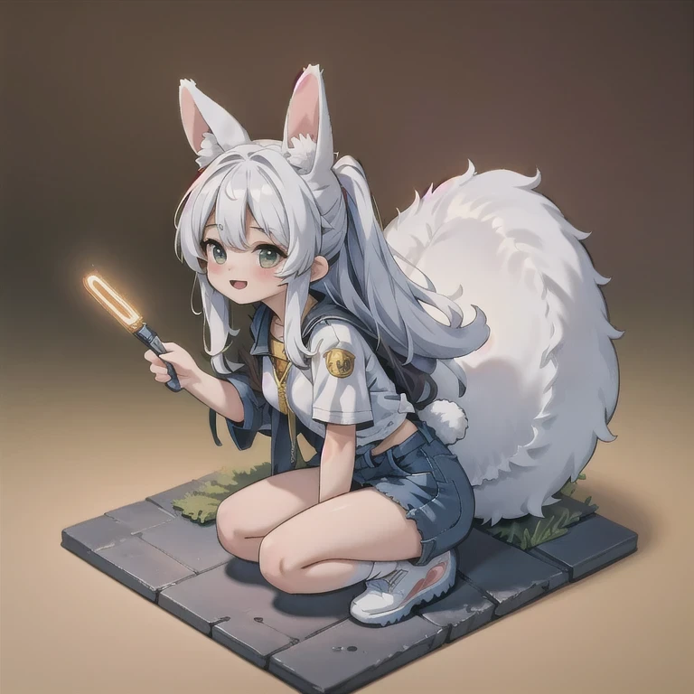 (masterpiece, best quality:1.2), 1girl, ((masterpiece, highest quality, Highest image quality, High resolution, photorealistic, Raw photo, 8K)), Retro Game, Nintendo, SEGA, Namco, Cyberpunk 1:25 miniatures,illustration,Side viewing angle,((Side viewing angle)),Wear gold wire-rimmed reflective sunglasses,Carry future weapons,very happy,Side viewing angle,whole body,three-dimensional,octane rendering,Perfect face,Collagen texture((flowing hair))((Gradient long fur rabbit ears))