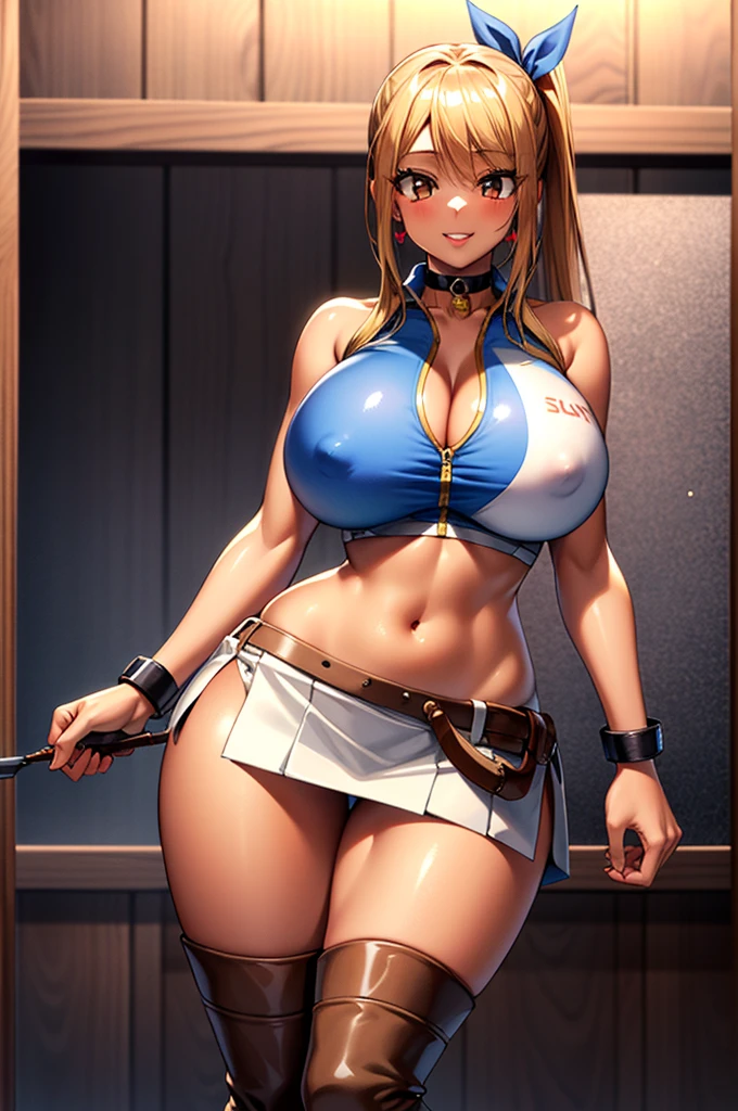 masterpiece, high quality, detailed eyes, 
1girl, solo, lucy heartfilia, blonde hair, long hair, side ponytail, (blue ribbon:0.9), bangs, (mature female, milf:0.9), (huge breasts:1.0), (voloptuous:1.2), tall, leggy,dark skin, tan, blonze skin, oiled skin, shiny skin, light smile,  (muscular:0.7), 
solo, looking at viewer, indoor, godray, standing, contrapposto, navel , cutout cloth, thigh boots, bracelet, gloves, (blue shirt, sleeveless shirt), (short white skirt:1.2), choker, (thong:0.8), thigh strap, heart earrings,  covered nipple,