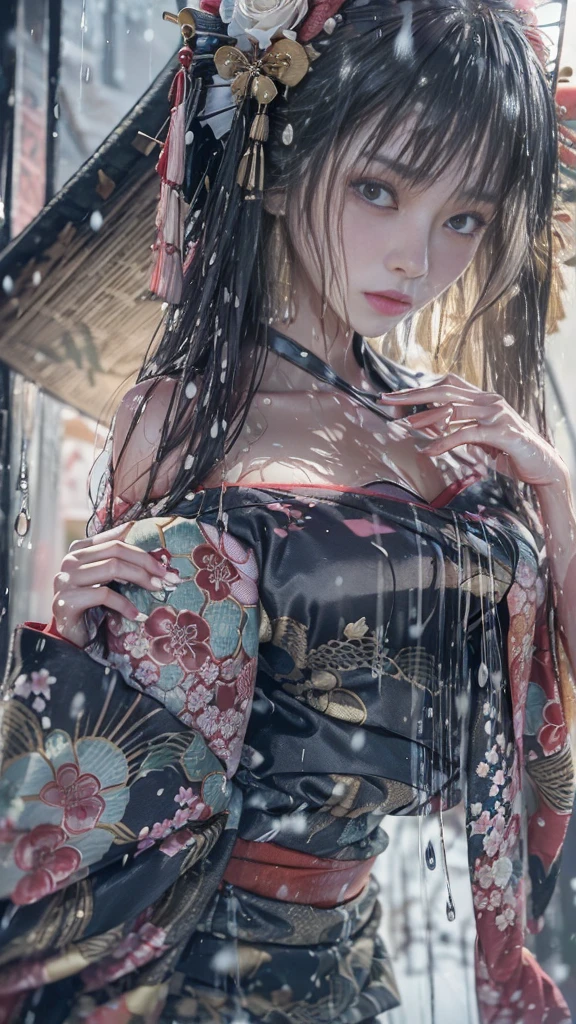 ((Low angle shooting:1.5)), (Photoreal:1.4, 8K, highest quality, masterpiece, ultra high resolution), ((heavy snow)), perfect dynamic composition:1.2, (In front of the shrine at night during the Taisho period, expression of sadness:0.9), (go up the stairs:0.9, View from directly below:0.9), Highly detailed skin and facial textures:1.2, Skinny prostitute in the rain:1.3, Fair skin:1.2, sexy beauty:1.1, perfect style:1.2, beautiful and aesthetic:1.1, very beautiful face:1.2, water droplets on the skin, (rain drips all over my body:1.2, wet body:1.2, wet hair:1.3), (Professional kimono dressing:1.1, Holding a wet bouquet:1.2, Wet Courtesan Costume:1.35), (Medium chest, Bra is sheer, Chest gap), (Big eyes that exude beautiful eroticism:0.8, Lips that exude beautiful eroticism:0.8, Too erotic:0.8, Bewitching:0.8), necklace, earrings, bracelet