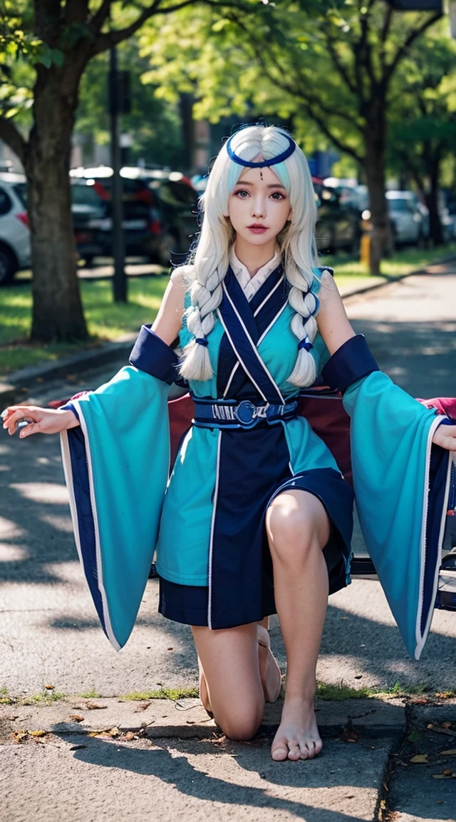 1girl, orange sleeves, white hair, white skin, light blue hair ornament, blue suspenders, blue clothes, light blue eyes, bare feet, double braids