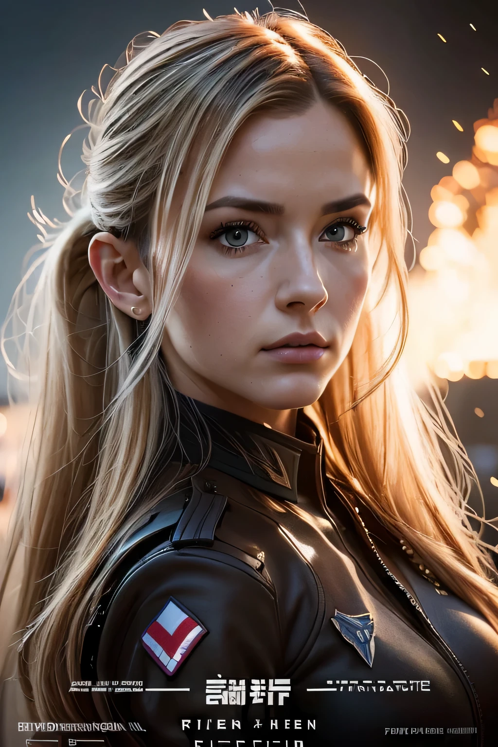 realistic,polite attire,(Fighter Action War Movie Poster),(Foundation Film Reference: 1.8),realistic,Air Force general uniform,(realistic Face Resolution),movie pose,adult,skinny,small,1 woman with long hair and dark blonde,serious face,SF,SF,Various supporting characters