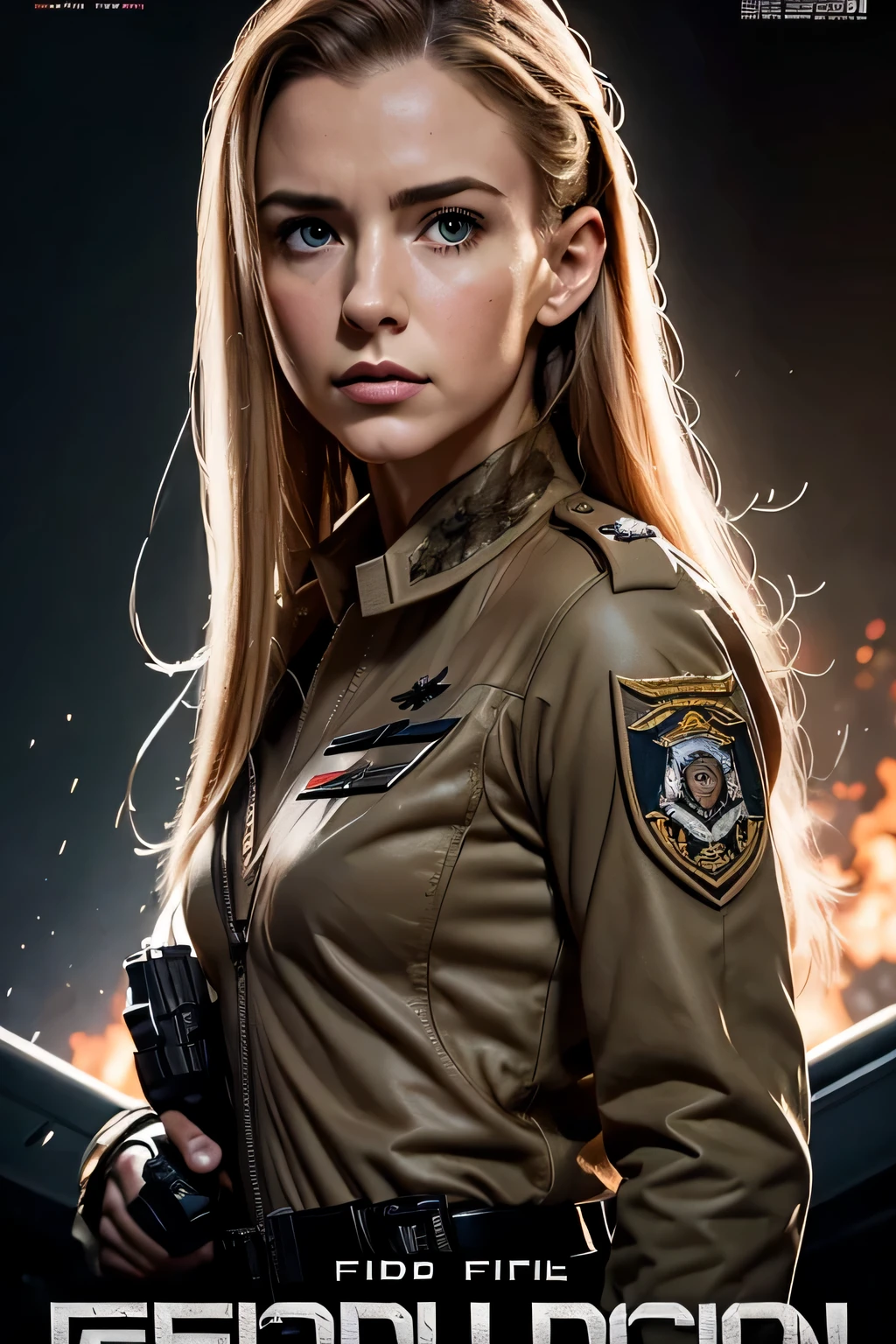 realistic,polite attire,(Fighter Action War Movie Poster),(Foundation Film Reference: 1.8),realistic,Air Force general uniform,(realistic Face Resolution),movie pose,adult,skinny,small,1 woman with long hair and dark blonde,serious face,SF,SF,Various supporting characters