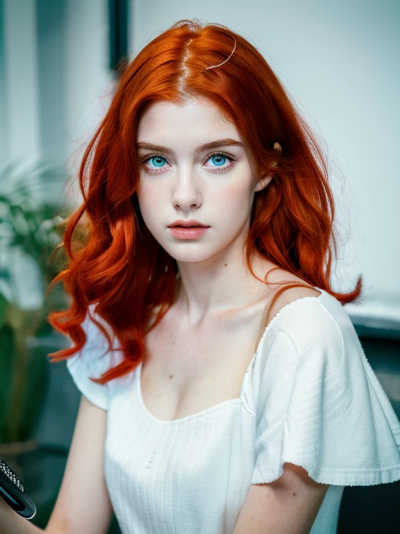 ( masterpiece, top quality, best quality,8k, girl,ultra detailed,raw photo:1.5),(photorealistic:1.4), (red hair:1.5), (cinematic lighting), PerfectNwsjMajic, , Surrealism, UHD, ccurate, Super detail, textured skin, High detail, Best quality, dynamic angle, (high nose,White skin),[Beautiful blue eyes],(1girl),(good anatomy:0.5)),(outside, heating:1.5),white dress