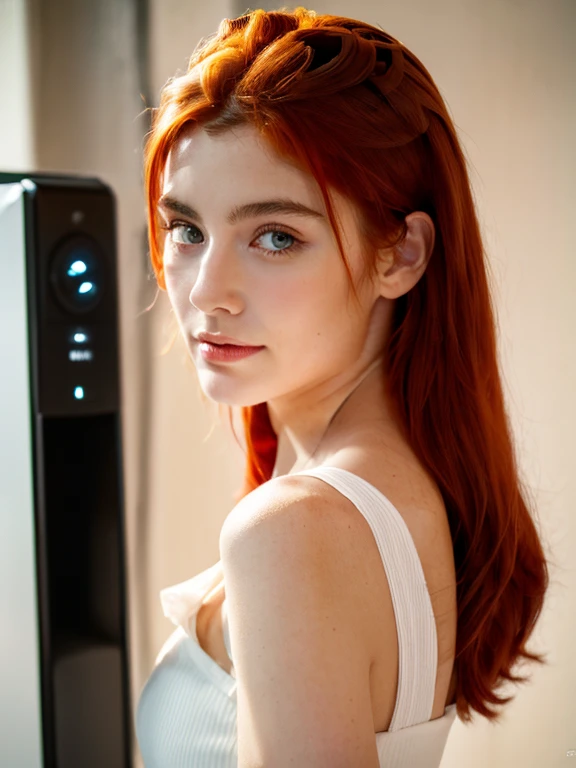 ( masterpiece, top quality, best quality,8k, girl,ultra detailed,raw photo:1.5),(photorealistic:1.4), (red hair:1.5), (cinematic lighting), PerfectNwsjMajic, , Surrealism, UHD, ccurate, Super detail, textured skin, High detail, Best quality, dynamic angle, (high nose,White skin),[Beautiful blue eyes],(1girl),(good anatomy:0.5)),(outside, heating:1.5),white dress