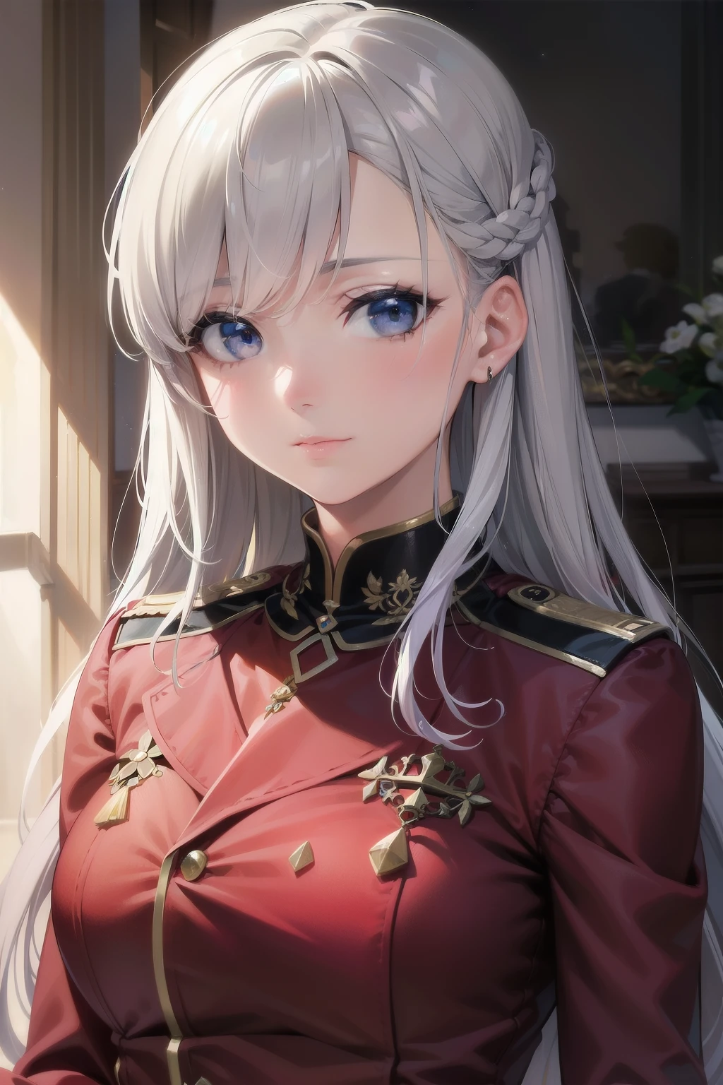 ((obra maestra)), ((Mejor calidad)), ((Solo, Mujer madura con cabello verde pastel)), ((Retrato)), Cabello verde detallado y meticulosamente elaborado., joyful expression, tunica blanca, decorada con adornos dorados y azules., Cheekbones accentuated by soft lighting., Realistic wrinkles and fine lines., High resolution and complex shading, texturas finas, rubor sutil, Mirada alegre y tranquila, Accesorios finos y elegantes, Pliegues de tela realistas, Depth of field increases the sensation of three-dimensionality..