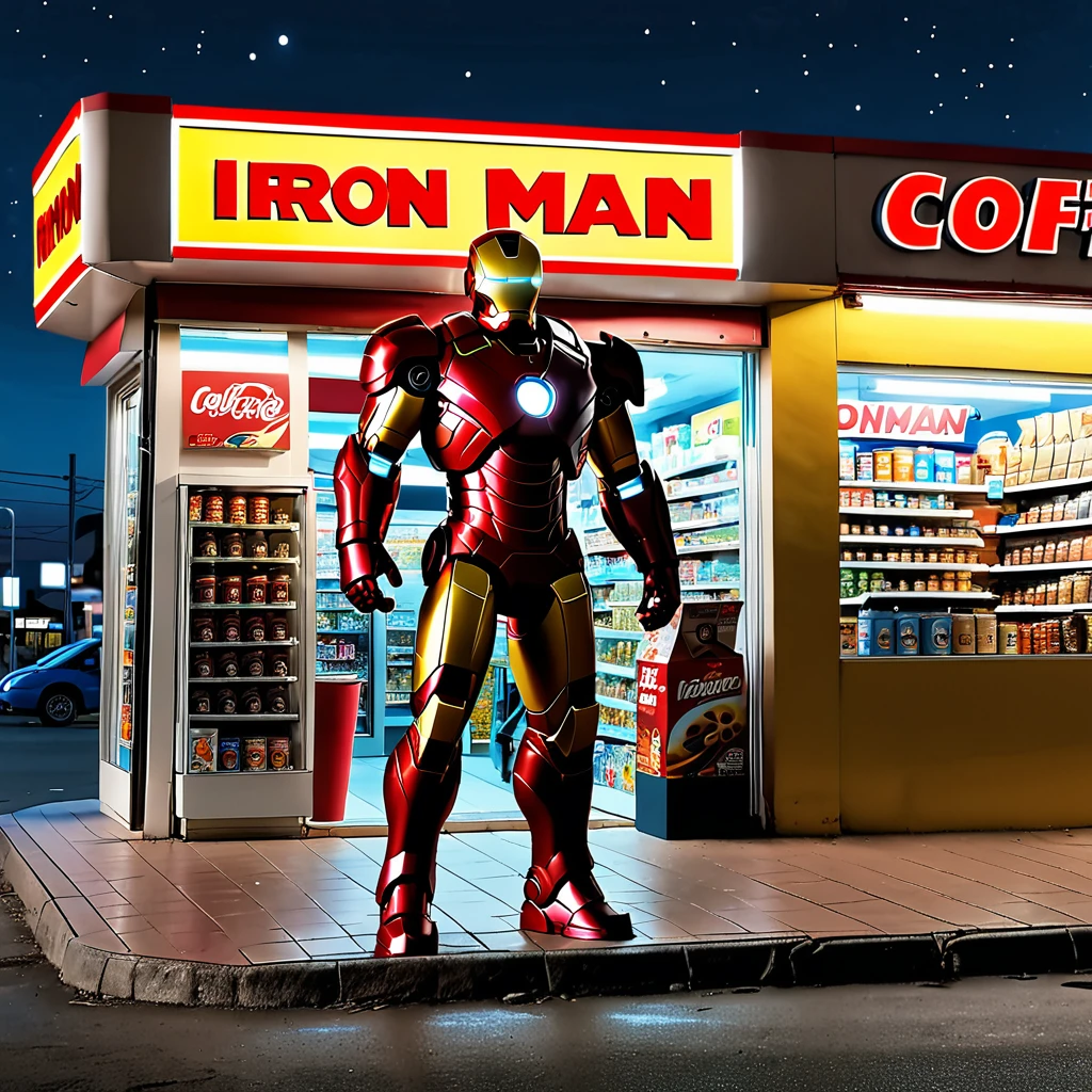 Super Hero Iron Man is landing outside a Convenience store at midnight, he is going in to buy coffee. Big didital clock clearly visible