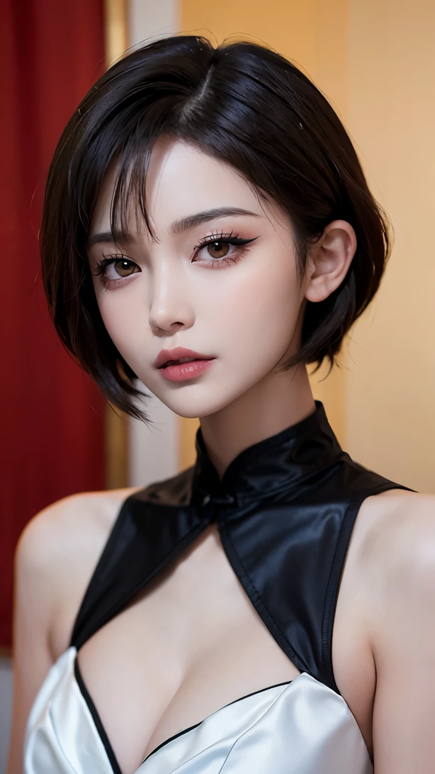 Cool Chinese Girl with Short Hair - Version 2.0:
Chinese women、Her short hair exudes sophistication and coolness.。, sophisticated hairstyle. her hair, Long shiny black bob, This style emphasizes angular jawline and high cheekbones.. The woman's face is perfectly made up, Slight pinkish redness on cheeks, thin, Well-defined eyebrows, Her lips have a hint of lip gloss. Her Eyes, Dark and almond-shaped, surrounded by a thick frame, Bold eyeliner and long, Perfect lashes.
She is wearing a modern Chinese costume., Consists of