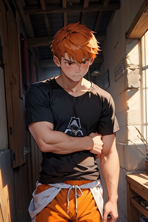 There is a young handsome boy of 15 years old weighing 60 kilos 1.75 tall, he is crying, he is sad and crying, He is 15 years old with orange eyes and orange hair, he is in the foreground crying for his brother's death and then he swears revenge., he wears a black t-shirt that fits his thin body, muscular, (big bulge), well defined tone body