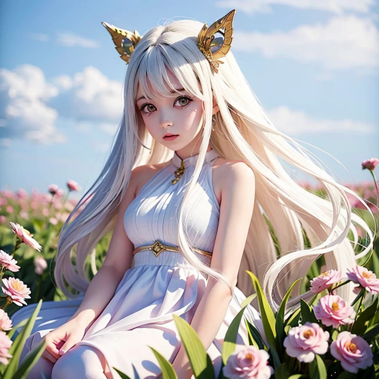 There is a long-haired and a unicorn in the flower field, arte digital detalhada fofa, lindo estilo de arte, estilo fantasia, anime fantasy illustration, Soft anime illustration, a beautiful art illustration, white wallpaper illustration, white unicorn, anime fofo, linda pintura digital, Como, Remover a marca d'water((Melhor qualidade)), ((obra de arte)), (detalhado), rosto perfeito