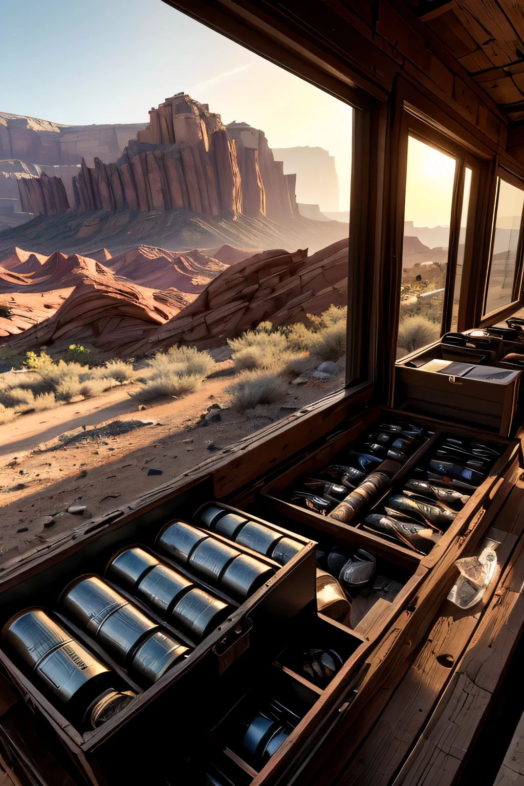 (8K),(masterpiece),absurd, expensive, Super detailed, (1 girl:1.3),, break, subdued lighting, dark atmosphere, dark shadow, subtle highlights, mysterious aura, break, panoramic photo, wide angle perspective, breathtaking scenery, Nice views, vast scene, visual depth, breathtaking outlook, (apocalyptic wasteland), (red rock canyon), View from the wooden hut, ((Warehouse window view)), Inside the box in front containing ammunition and tank shells.